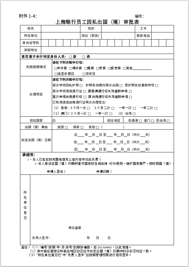 附件1-4：上海银行员工因私出国（境）审批表